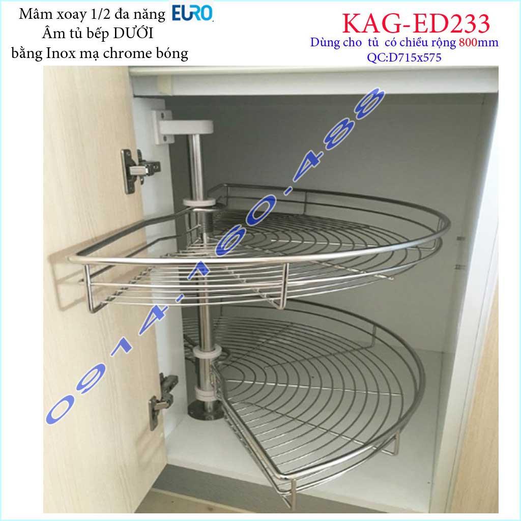 Kệ xoay bán nguyệt Euro KAG-ED233, mâm xoay inox 1.2, kệ góc xoay inox tủ bếp dưới