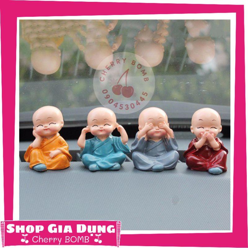 Bộ Tượng Chú Tiểu Hòa Thượng Tứ Không - Phật Phong Thủy Mini 4 Tư Thế, Trang Trí Xe Hơi, Để Bàn Làm Việc