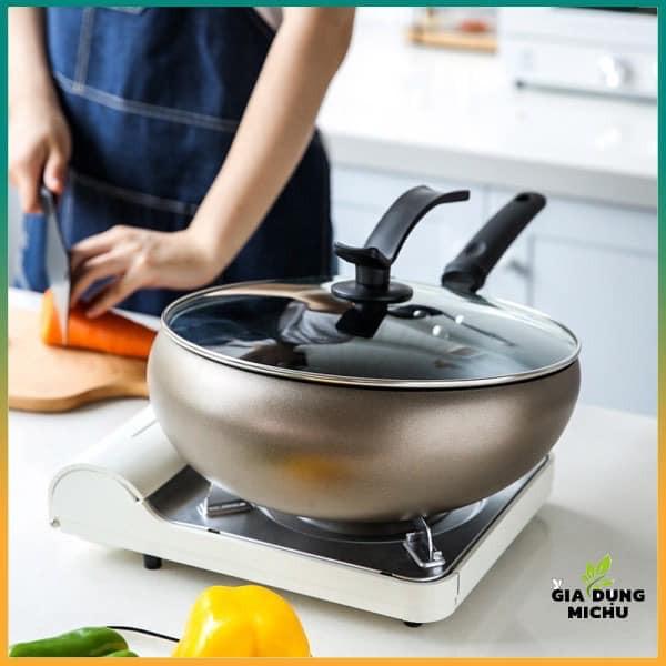 CHẢO BẦU CHỐNG DÍNH, CHẢO SÂU LÒNG VUNG KÍNH ĐÁY TỪ HÀN QUỐC SIÊU ĐẸP - sz 32cm
