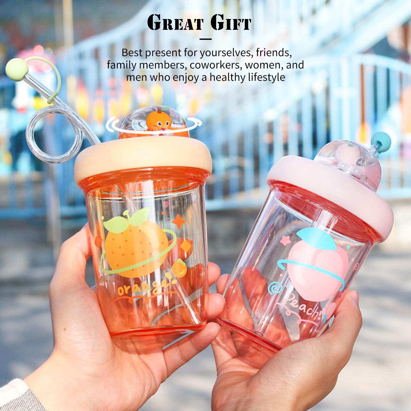 390mL Cute Water Bottle with Straw Leak Proof Coffee Bottle Juice Mix Cup Reusable & BPA Free Juice Bottles