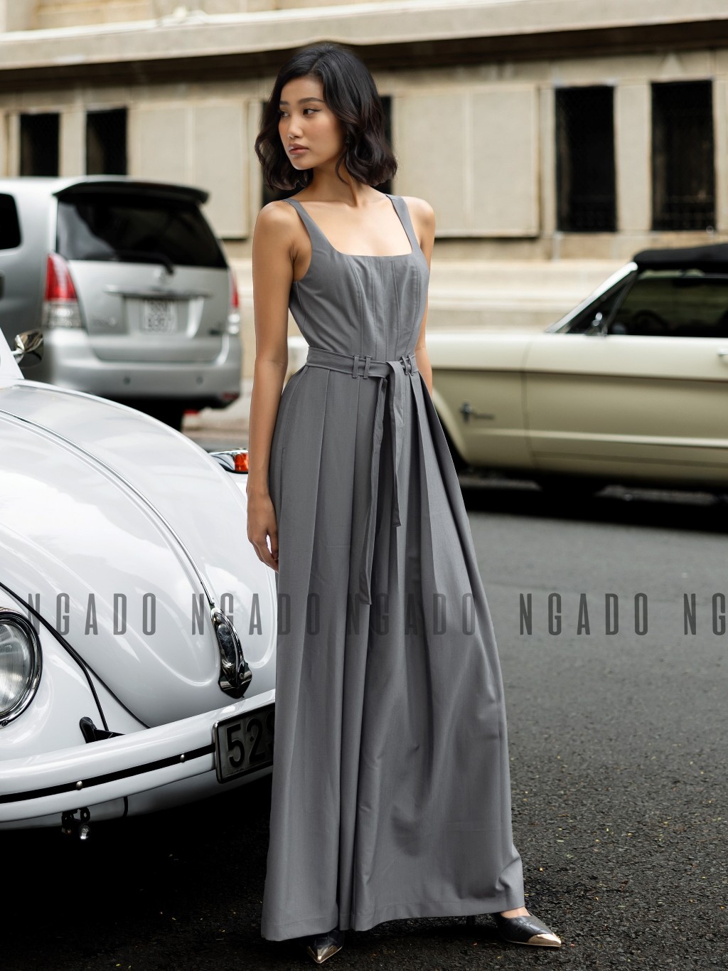Jumpsuit xám xếp ly NGADO , Đồ công sở , Jumpsuit hai dây