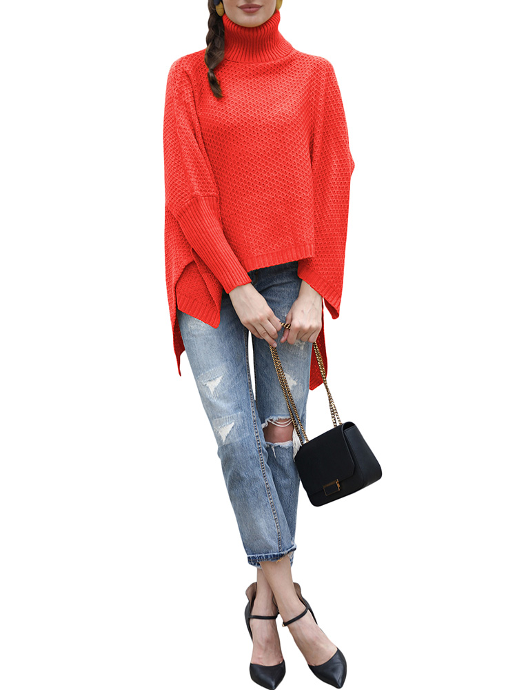 Fashion Women Knitted Sweater Turtleneck Long Sleeve Split Irregular Solid Loose Jumper Pullover Knitwear