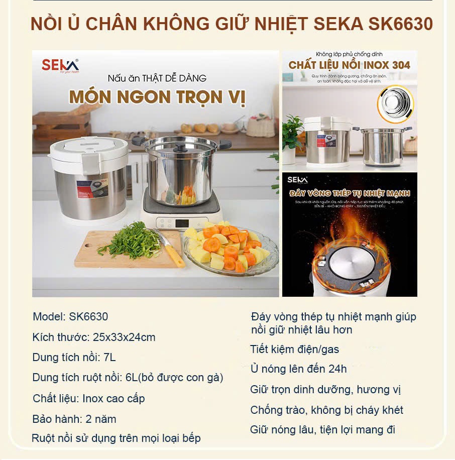 Nồi Ủ Chân Không SEKA SK6630 Dung Tích 7L inox304 Giữ Nhiệt Đến 24h Siêu Tiết Kiệm Nhiên Liệu - Hàng Chính Hãng