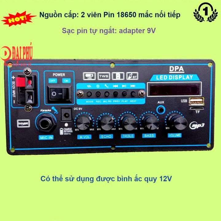 Mạch loa kéo 2 kênh dùng 2 pin 18650 7.4V dùng cho loa kéo 2.5 tấc đôi Karaoke Bluetooth