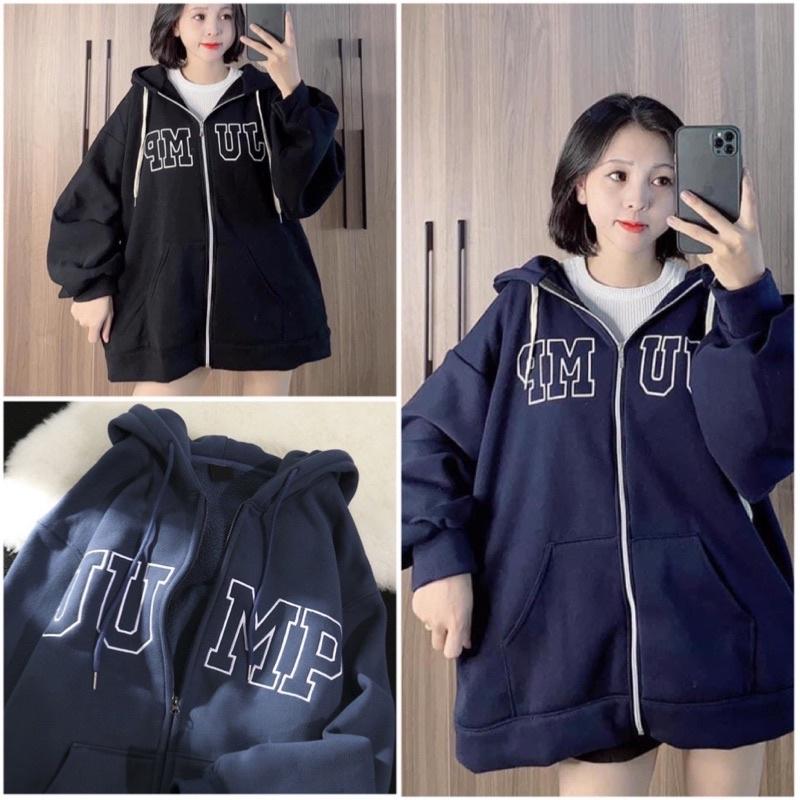 Áo khoác Nỉ Hoodie mũ 2 lớp from rộng tay bồng khóa kéo xanh than, Áo hoodie zip unisex in chữ JUMP .