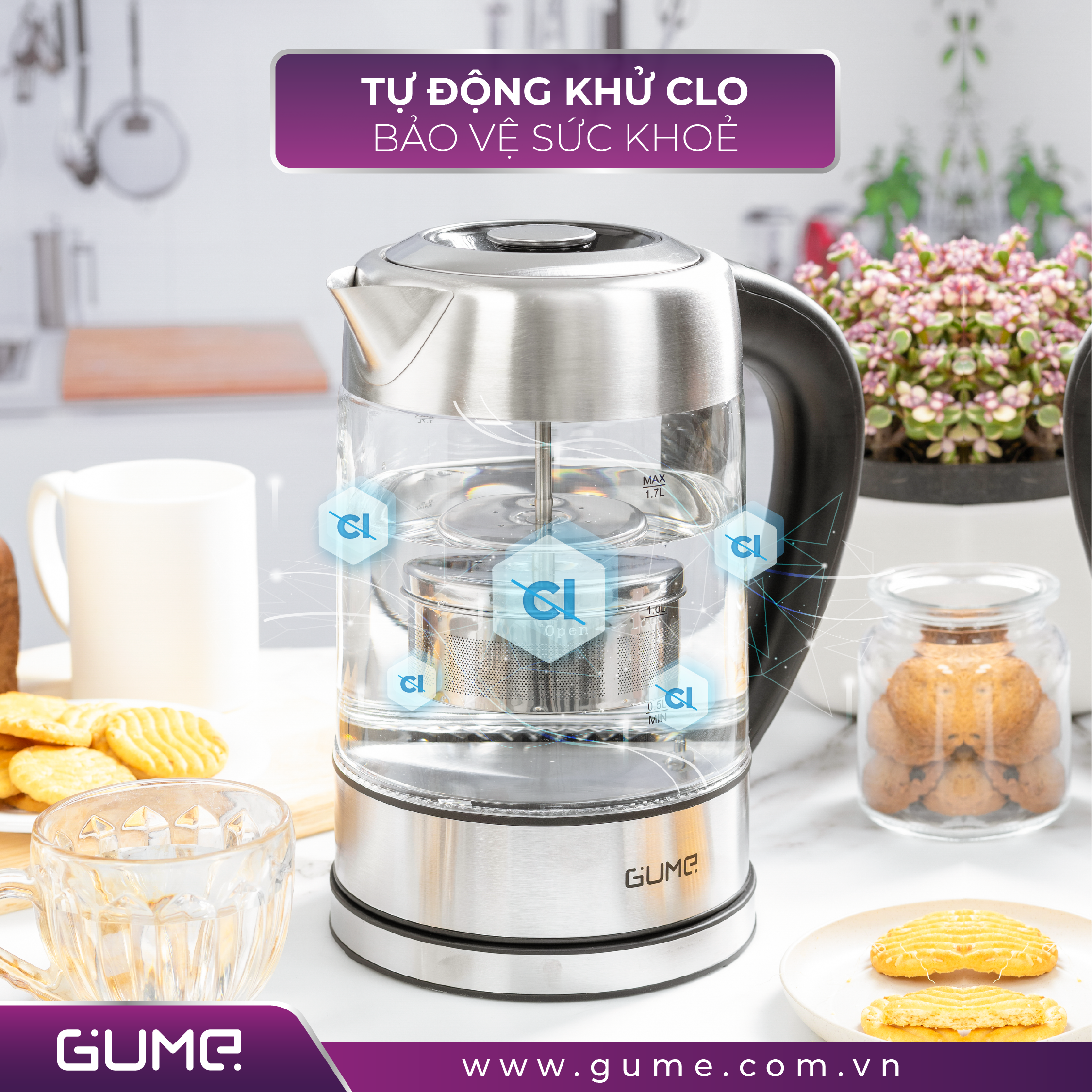 Ấm Đun Siêu Tốc Khử Clo GUME Thủy Tinh 1.7L - Hàng Nhập Khẩu Hàn Quốc