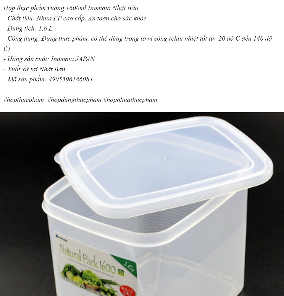 Hộp thực phẩm vuông 1600ml Inomata nội địa Nhật Bản