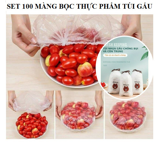 Set 100 màng bọc thực phẩm túi gấu Màng bọc thực phẩm PE có chun bọc đồ ăn co giãn tái sử dụng GD435-MangBocTP