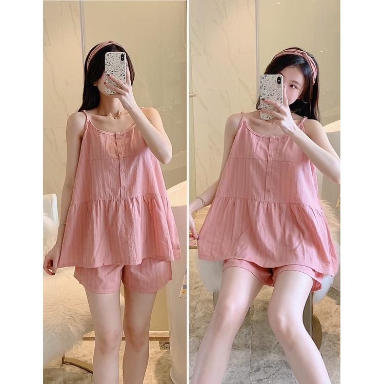 Bộ đồ ngủ mặc nhà cho nữ áo 2 dây quần đùi vải đũi mềm nhẹ, thoáng mát, nhiều màu size từ 40 - 75 kg phong cách năng động dễ thương