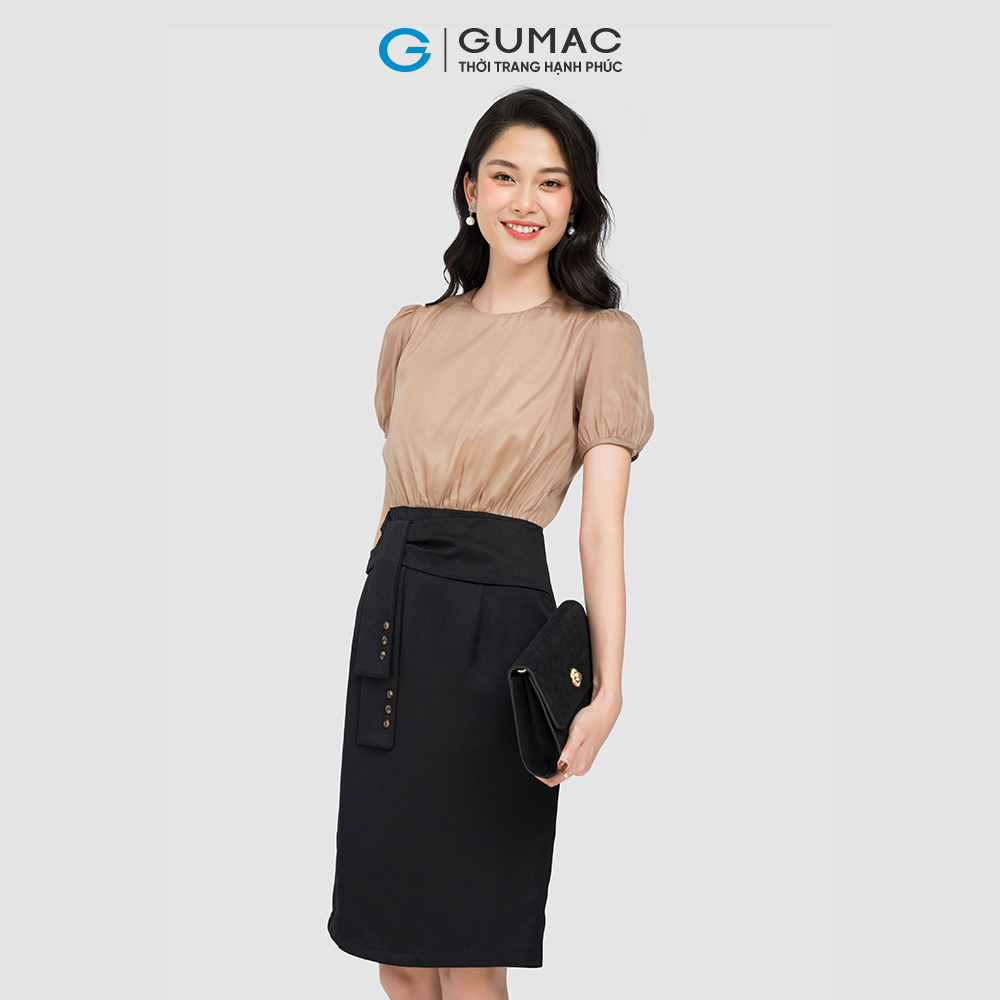 Đầm bút chì phối voan GUMAC DC08056 vải mềm mịn màu nâu