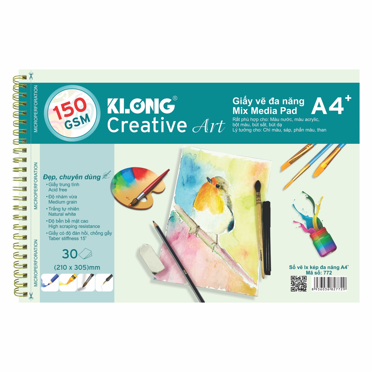 Sổ vẽ lò xo kép đa năng KLONG Creative Art A4 - 150 GSM - 30 tờ; MS: 772