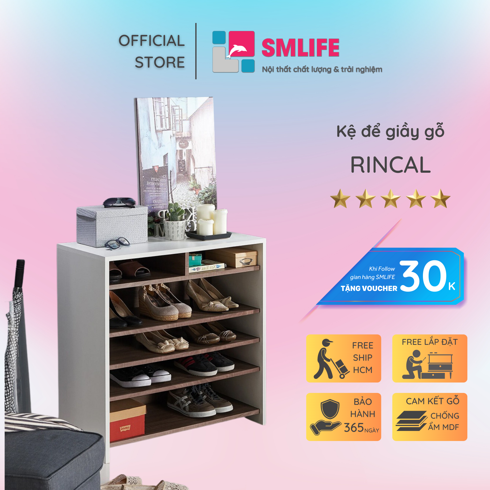 Kệ để giầy gỗ hiện đại SMLIFE Rincah | Gỗ MDF dày 17mm chống ẩm | D80xR40xC80cm