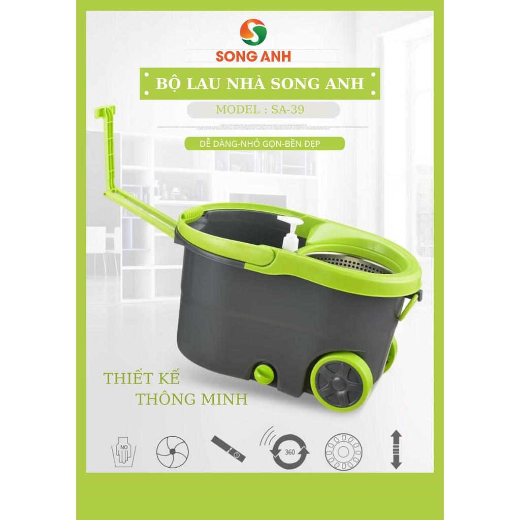 Bộ Chổi Lau Nhà Xoay 360 Độ Kèm 2 Bông Lau Có Bánh Xe Di Chuyển Lồng Xoay INOX - Thương Hiệu SONG ANH