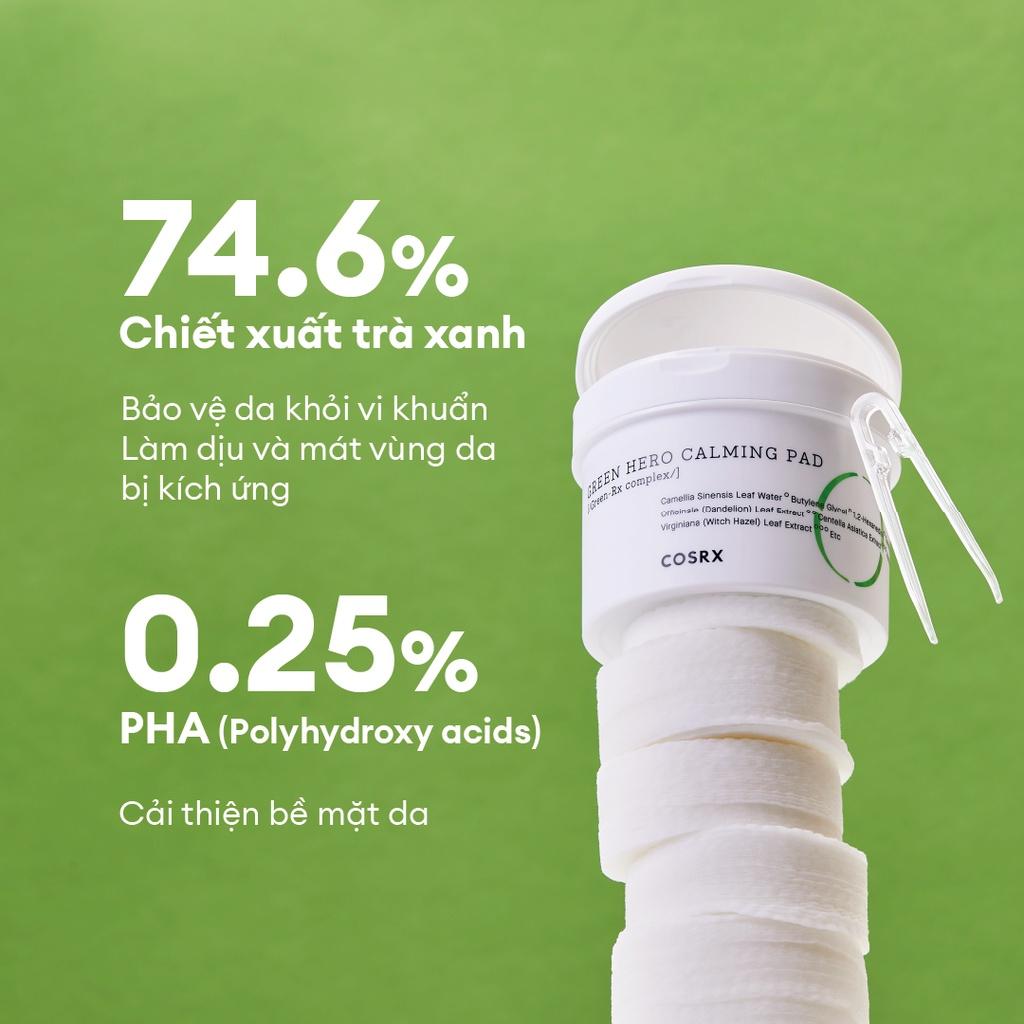 Bông Tẩy Tế Bào Chết Hoá Học Dưỡng Ẩm Và Dịu Da (0.25 % PHA, Trà Xanh) COSRX One Step Green Hero Calming Pad 70 Miếng