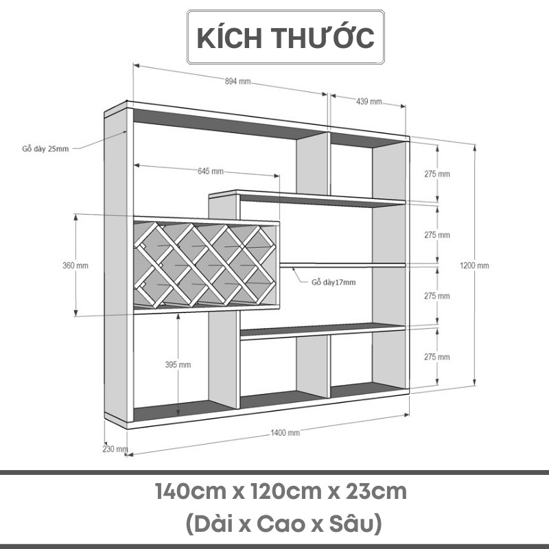 Kệ Gỗ Để Chai Vang Treo Tường Chữ Nhật SIB Decor Chịu Lực Tốt Với Hơn 100 Chai, Kết Cấu Giấu Chân, Dễ Dàng Lắp Ráp