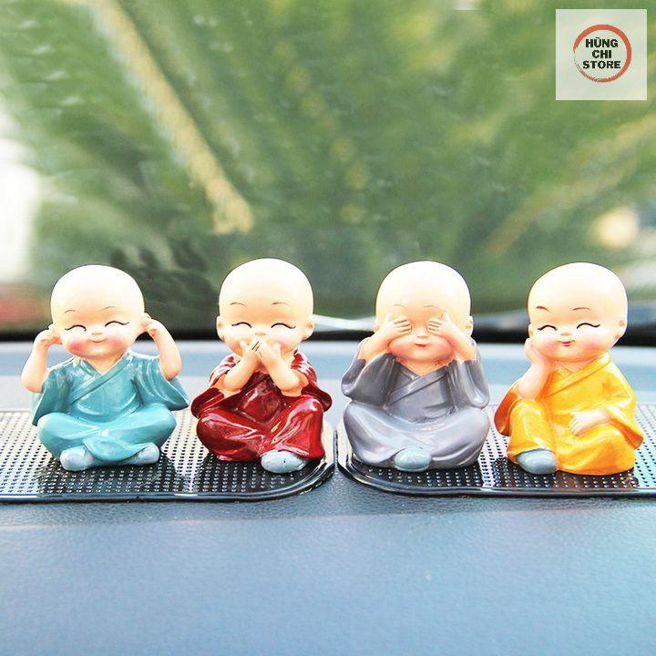 Bộ 4 tượng chú tiểu bốn hòa thượng tứ không mini để ô tô bàn làm việc đẹp bằng sứ an lạc