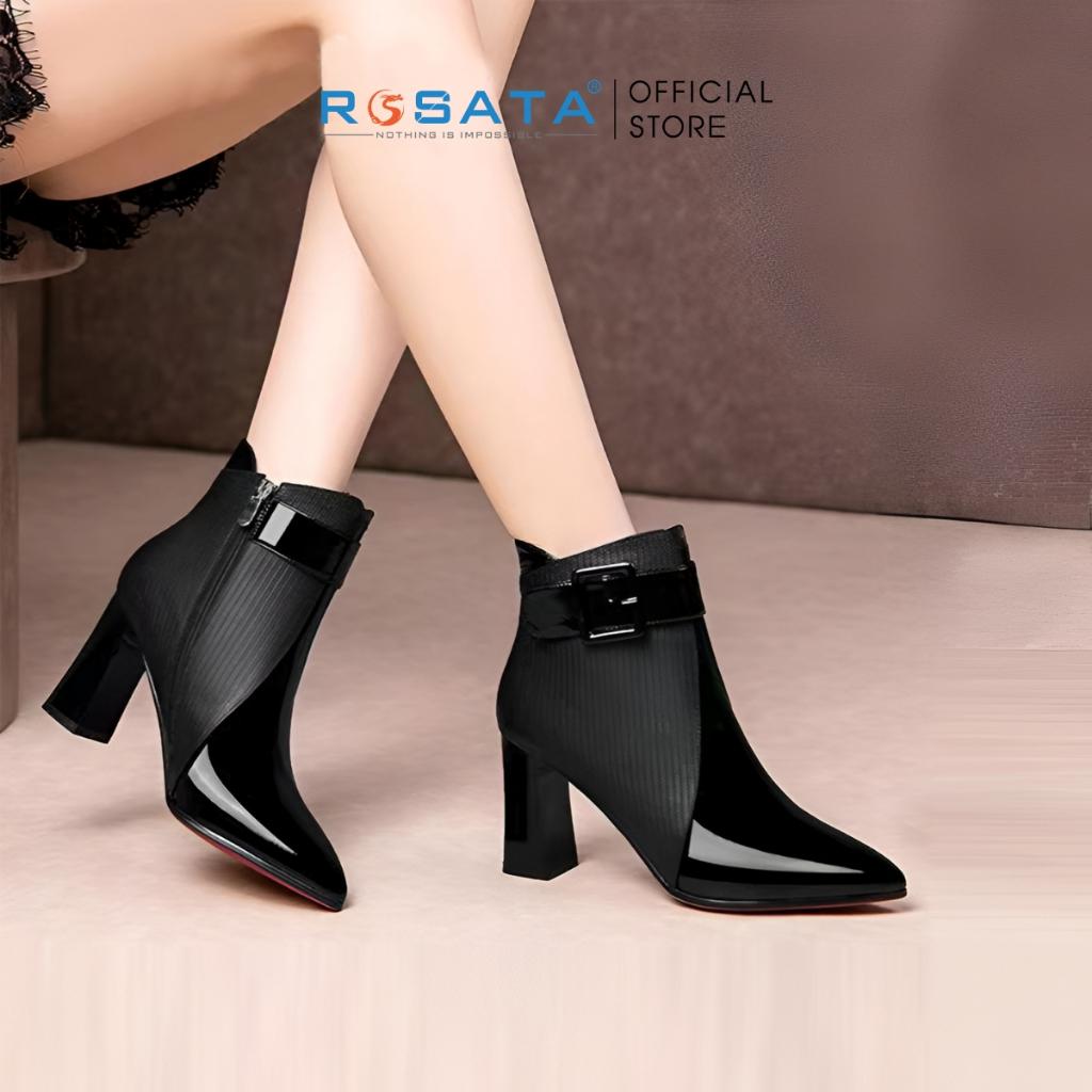 Giày bốt nữ ROSATA RO603 cổ cao mũi nhọn êm chân cao cấp khóa kéo gót trụ cao 5cm màu đen xuất xứ Việt Nam