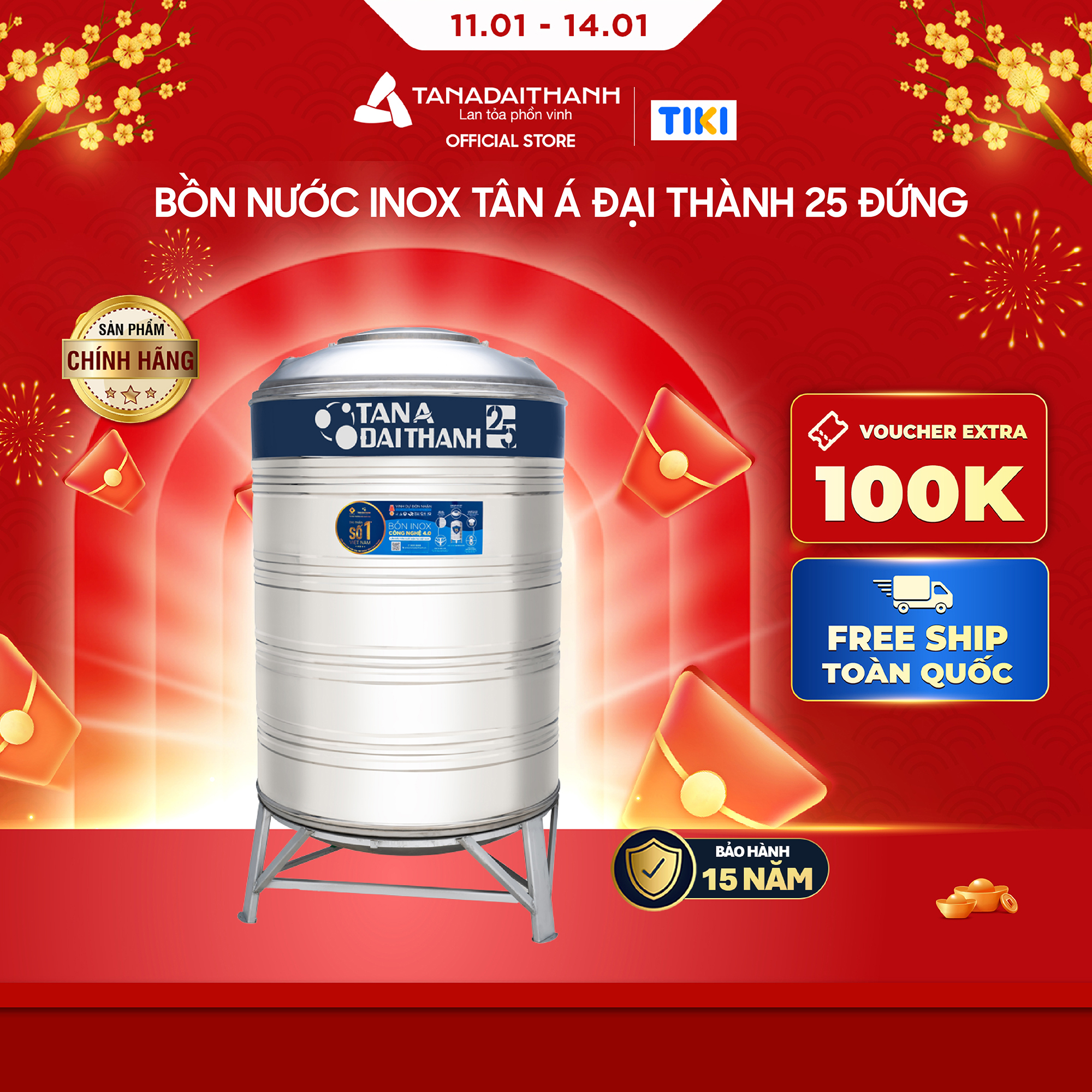 Bồn nước inox Tân Á Đại Thành 25 Đứng 1000L 1500L 2000L Chính hãng, Chỉ bán khu vực miền Bắc, Bảo hành 15 năm