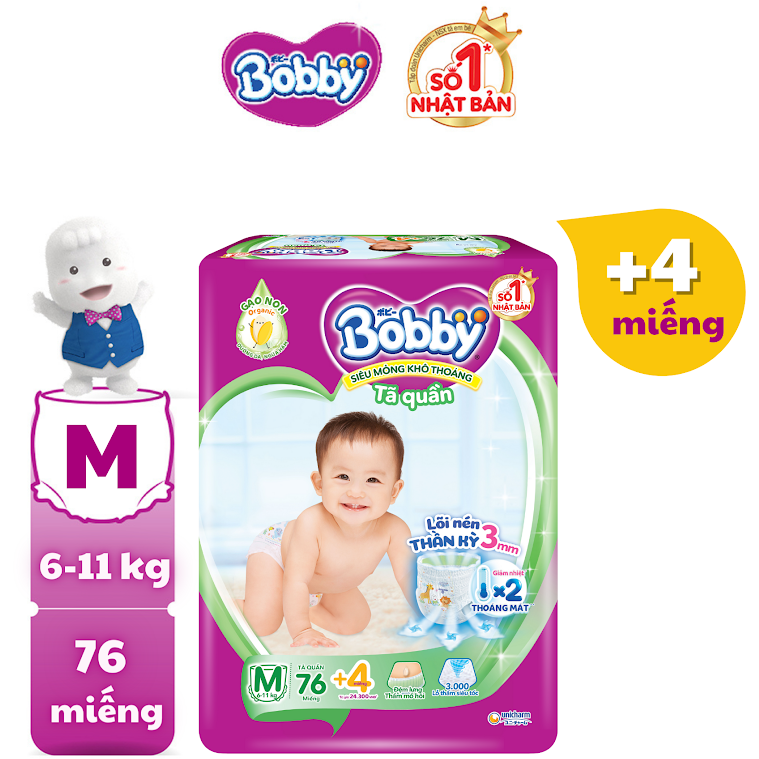 [MỚI] Tã/bỉm quần Bobby 3mm Gạo non M76 + 4