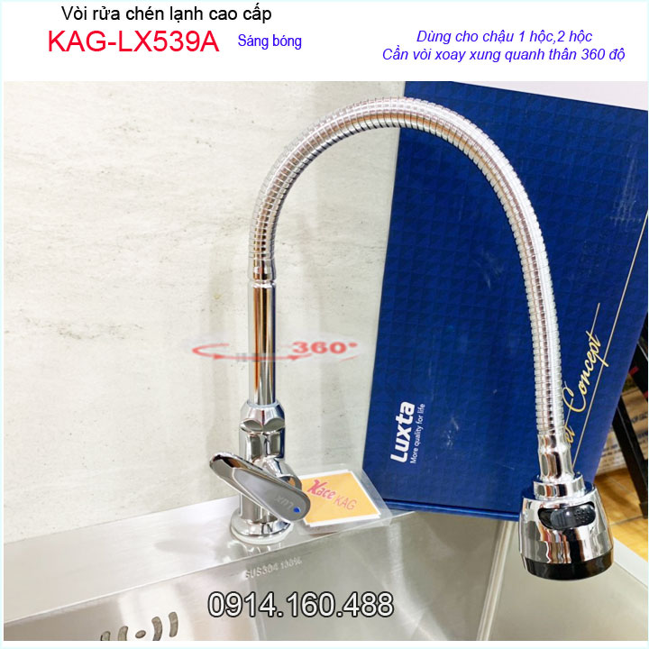 Vòi chậu rửa chén bát lạnh KAG-LX539A cần bẻ, Vòi chậu lạnh lò xo tay gạt vần trăng ống mềm nước mạnh sử dụng tốt