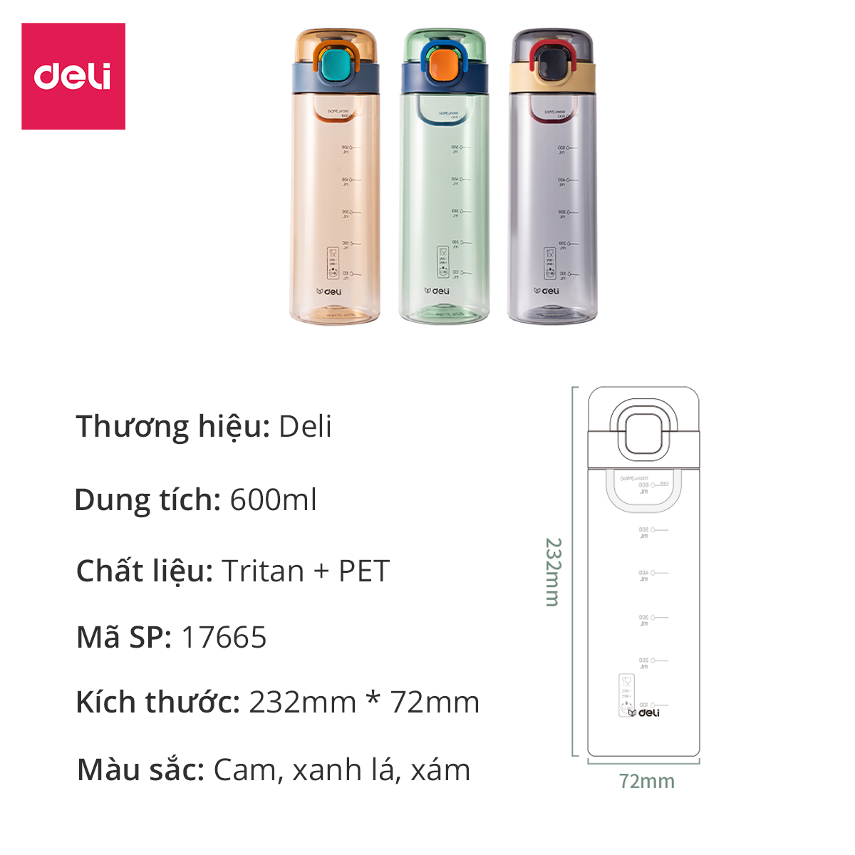 Bình Nước Bằng Nhựa Tritan Nắp Bật 700ml Có Chia Vạch Nước Deli - BPA Free An Toàn Cho Sức Khỏe - Phù Hợp Bình Nước Thể Thao Ngoài Trời Gym Yoga Cho Bé Tới Trường - 17665