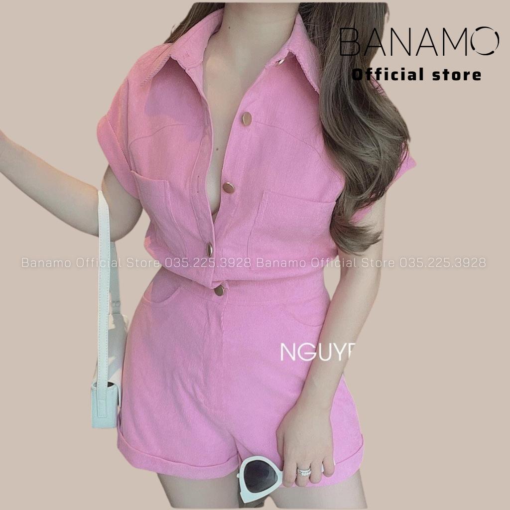 Bộ Jumpsuit cổ sơ mi liền quần gập gấu chất nhung tăm thời trang Banamo Fashion set Jumpsuit 151