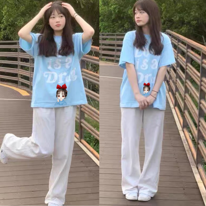 Sét Bộ Đồ Nữ, SS02 Sét Đồ Nữ Đi Chơi Đẹp In Hình Cô Gái Dễ Thương, Sét Áo Vải Cottot Và Quần KaKi Trắng Cá Tính