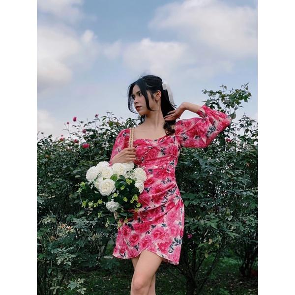 Đầm hoa hồng chéo vạt ngực xoắn- Rosara dress