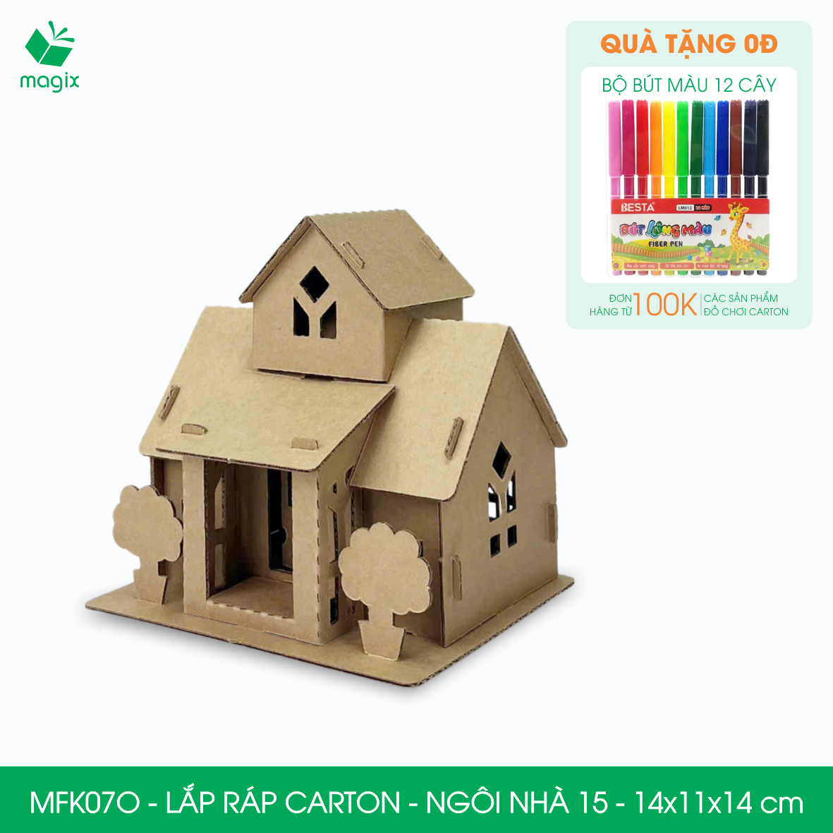 MFK07O -14x11x14 cm - Mô hình ngôi nhà lắp ráp từ bìa carton cao cấp, nhà giấy carton mini sáng tạo