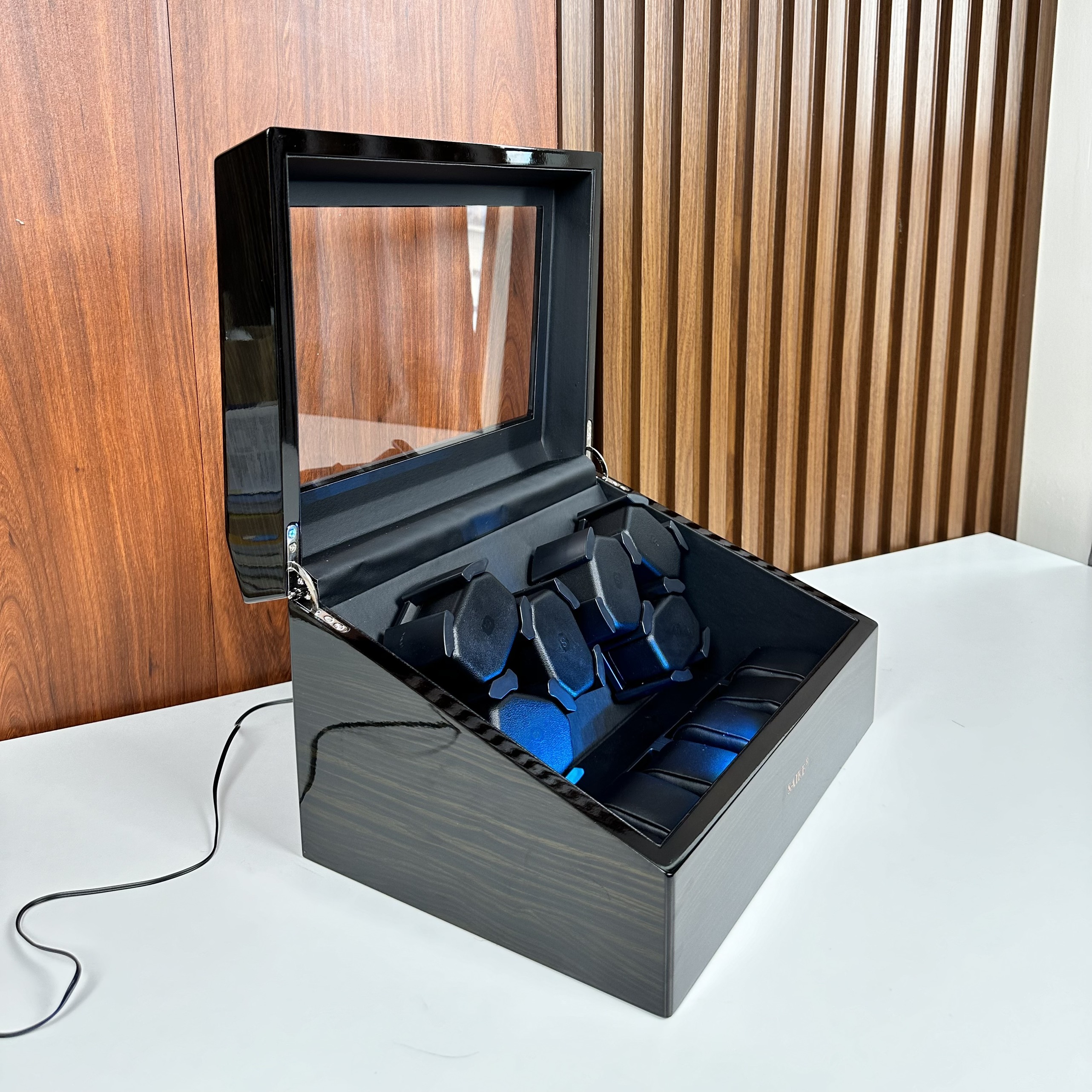 [BH 2 Năm Động Cơ] Hộp Đồng Hồ Cơ 6 Xoay + 6 Tĩnh Vỏ Gỗ Sơn Vân Gỗ Mun Có Đèn Led