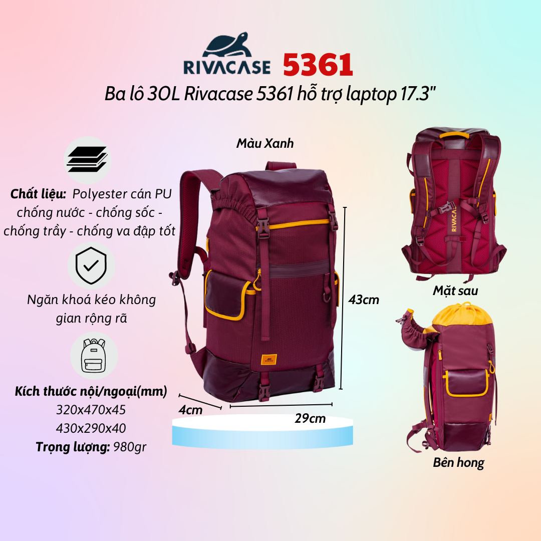Balô 30L Rivacase 5361 Để Vừa laptop 17.3&quot; - Bảo Hành 24 Tháng - Hàng Chính Hãng