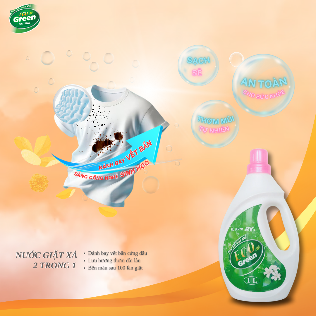 Nước Giặt Xả Sinh Học Thiên Nhiên Eco Green - Giặt Sạch Sâu - Lưu Hương Lâu -  Bảo Vệ Sức Khỏe 1L