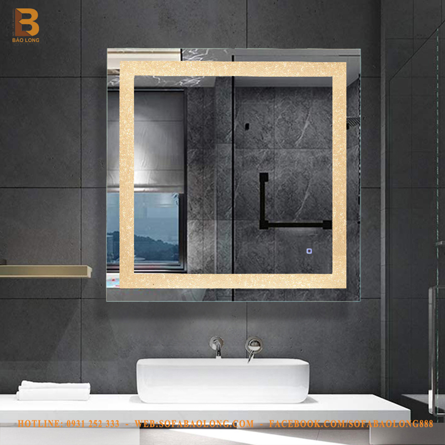 Gương nhà tắm có cảm ứng LED, Gương treo tường hình vuông thiết kế viền đa dạng Bảo Long