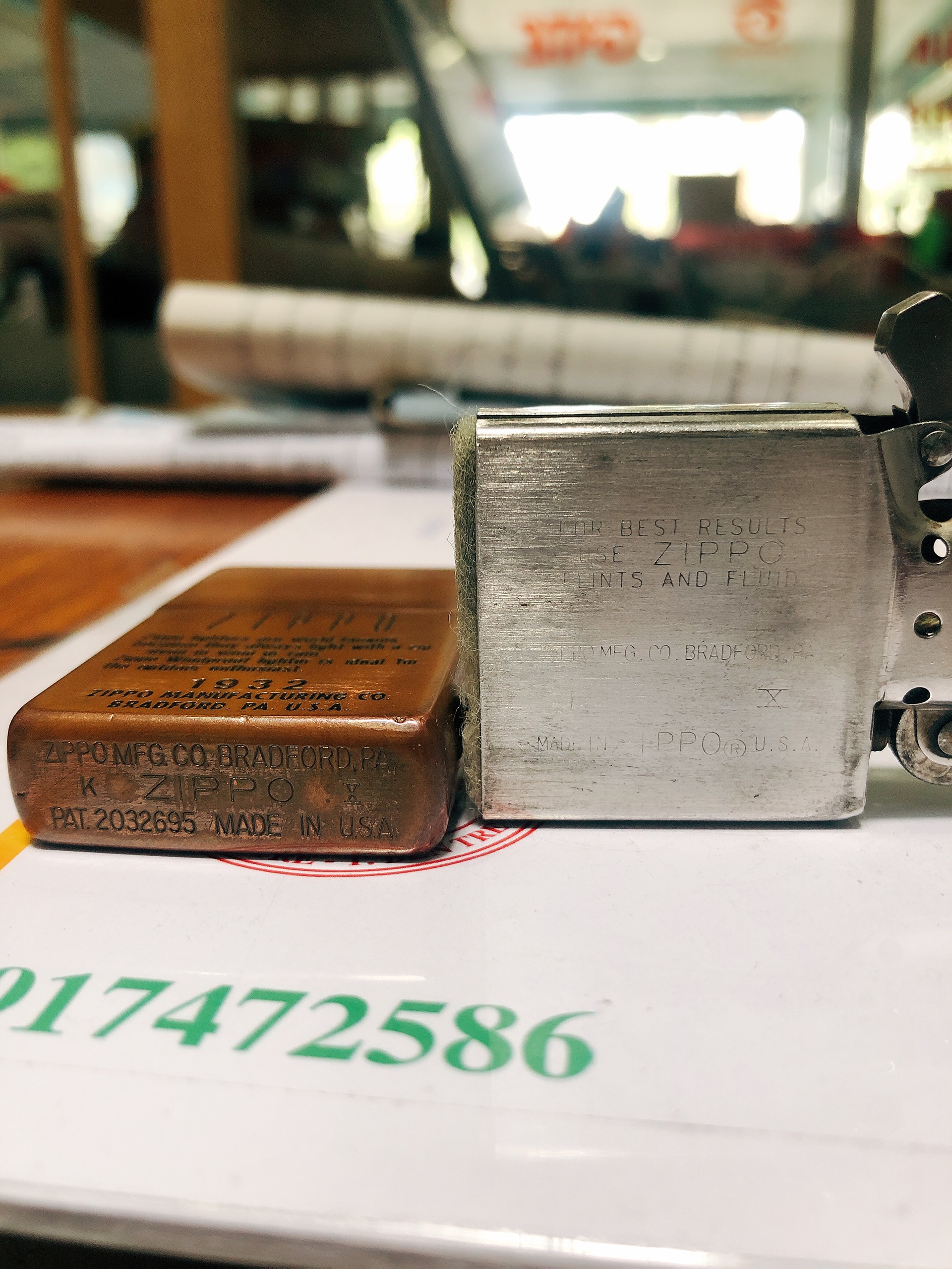 Bật lửa Zippo Mỹ Vintage mạ Copper, đầu bằng, đít bằng, khắc ăn mòn Zippo 1932, sản xuất 1994, Hàng chính hãng