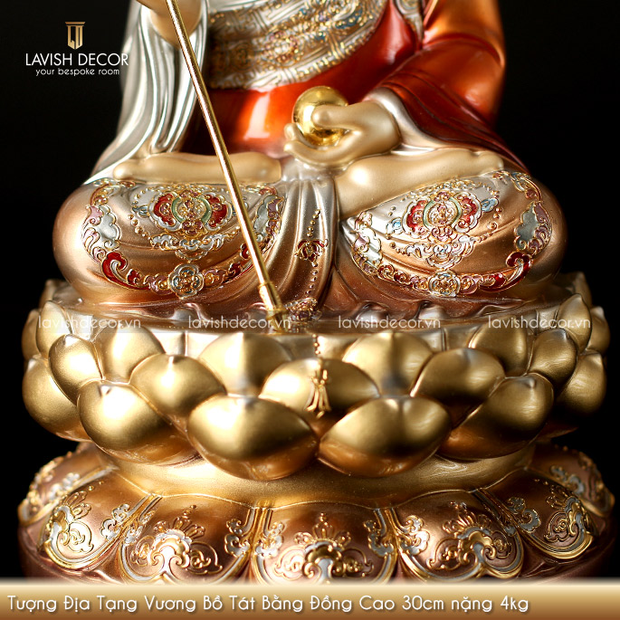 Tượng Địa Tạng Vương Bồ Tát Bằng Đồng Men Dát Vàng Sơn Bạc Ấn Bảo 30x18x18cm nặng 4kg