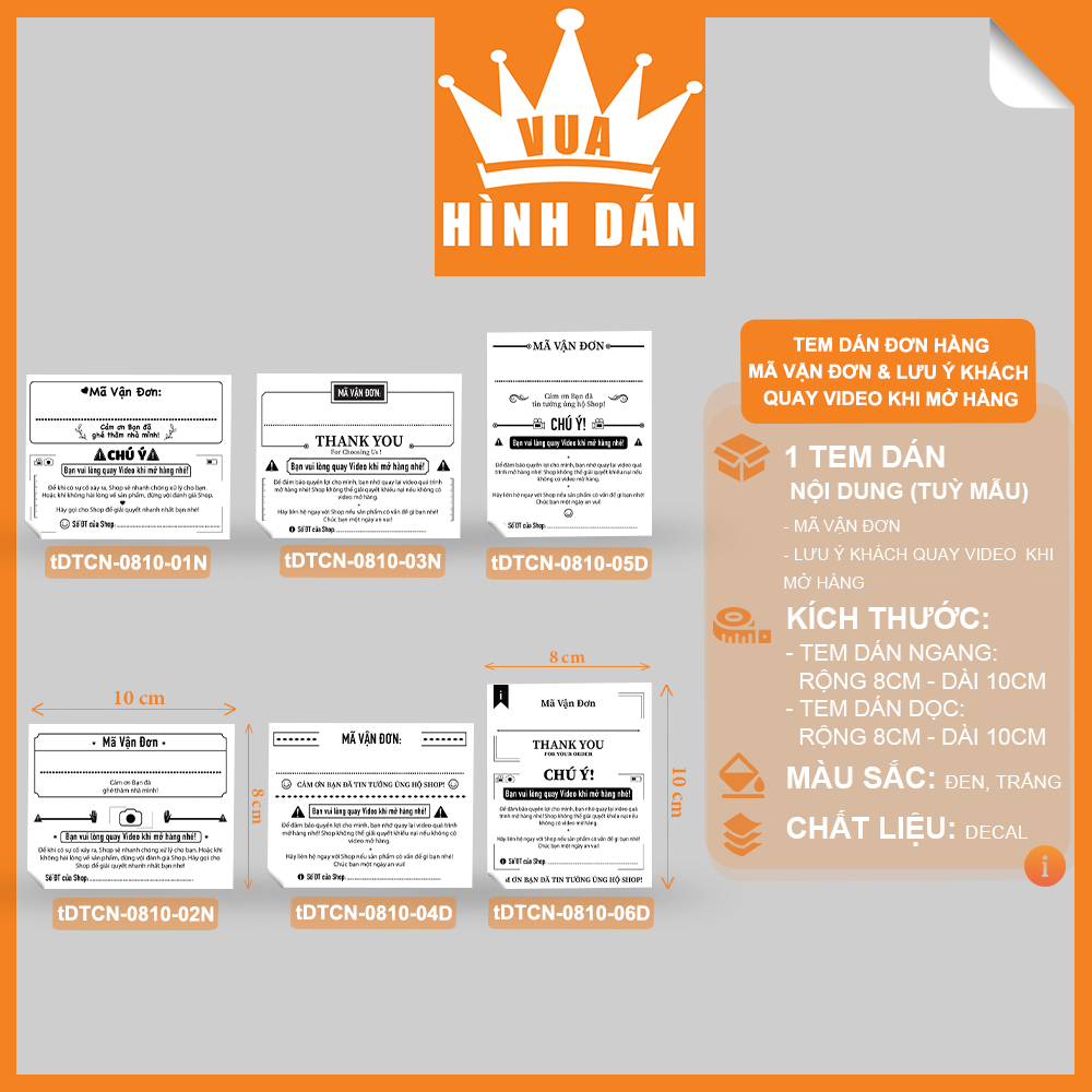 Set 50/100 tem mã đơn hàng, mã vận đơn và nhắc quay video mở hàng thiết kế trắng đen đơn giản