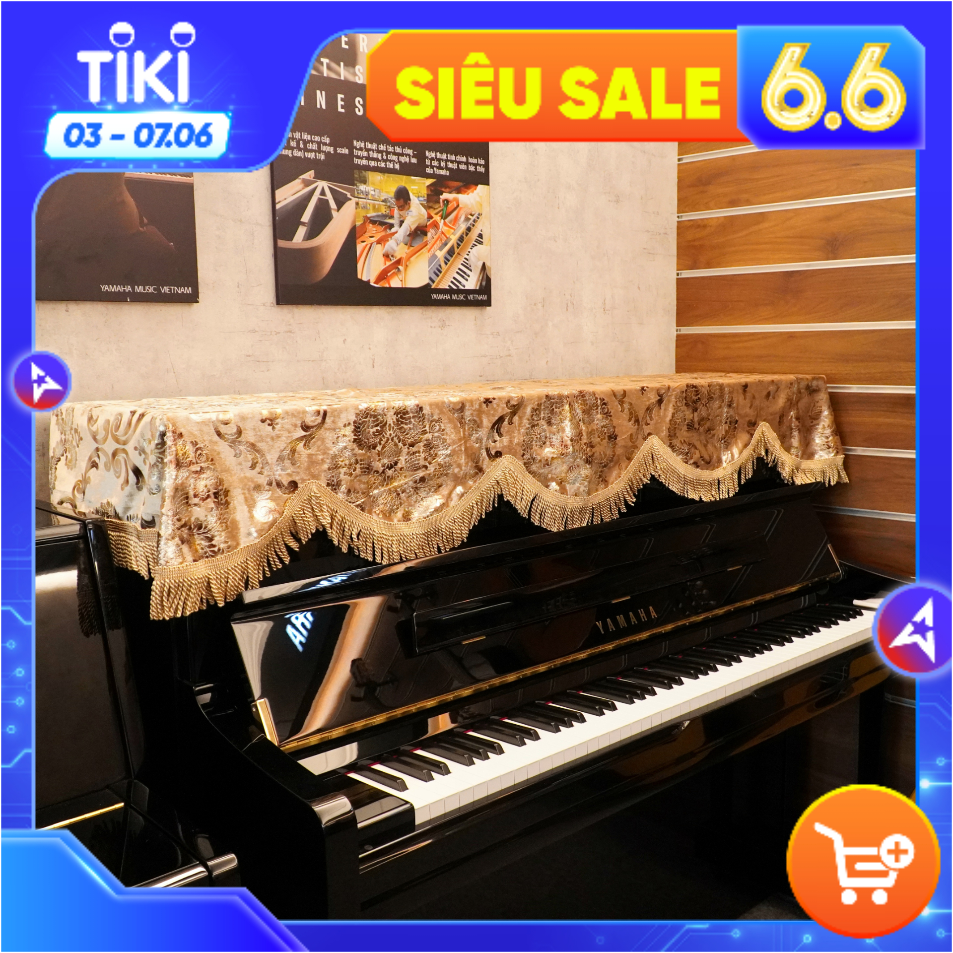 Khăn Phủ Đàn Piano Nhung Vàng Thêu Hoa Tua Rua Xoắn KU-06B