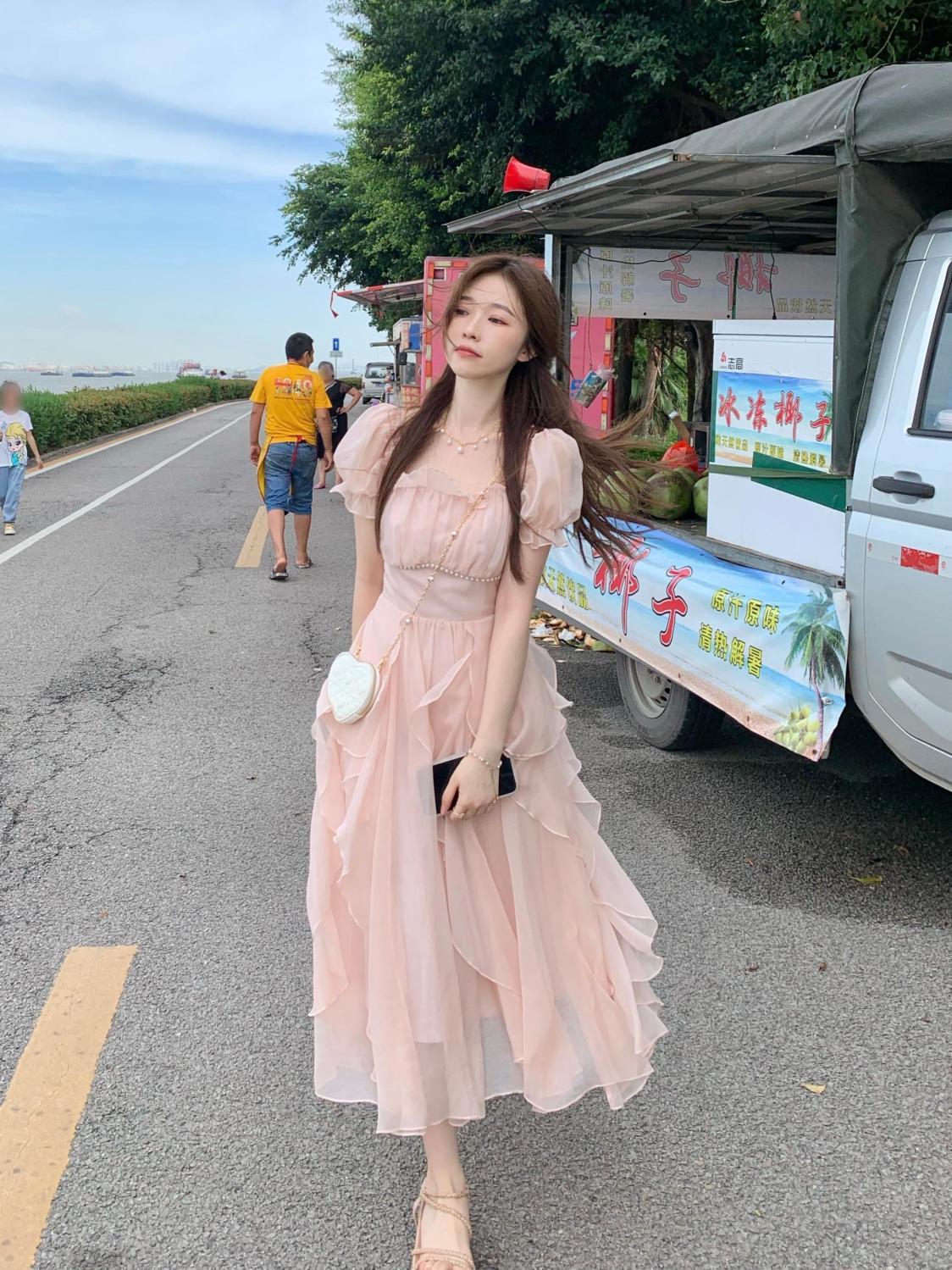 SHUANGYAN Phong cách Pháp cổ vuông nhẹ nhàng Fairy Wind Dress cho phụ nữ mùa hè 2023 Thắt lưng cho phụ nữ
