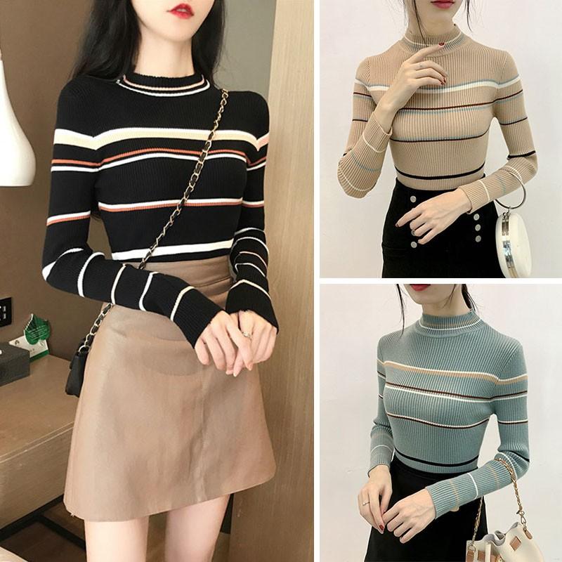 Áo thun dệt kim nữ tay dài cổ lọ kẻ sọc thời trang