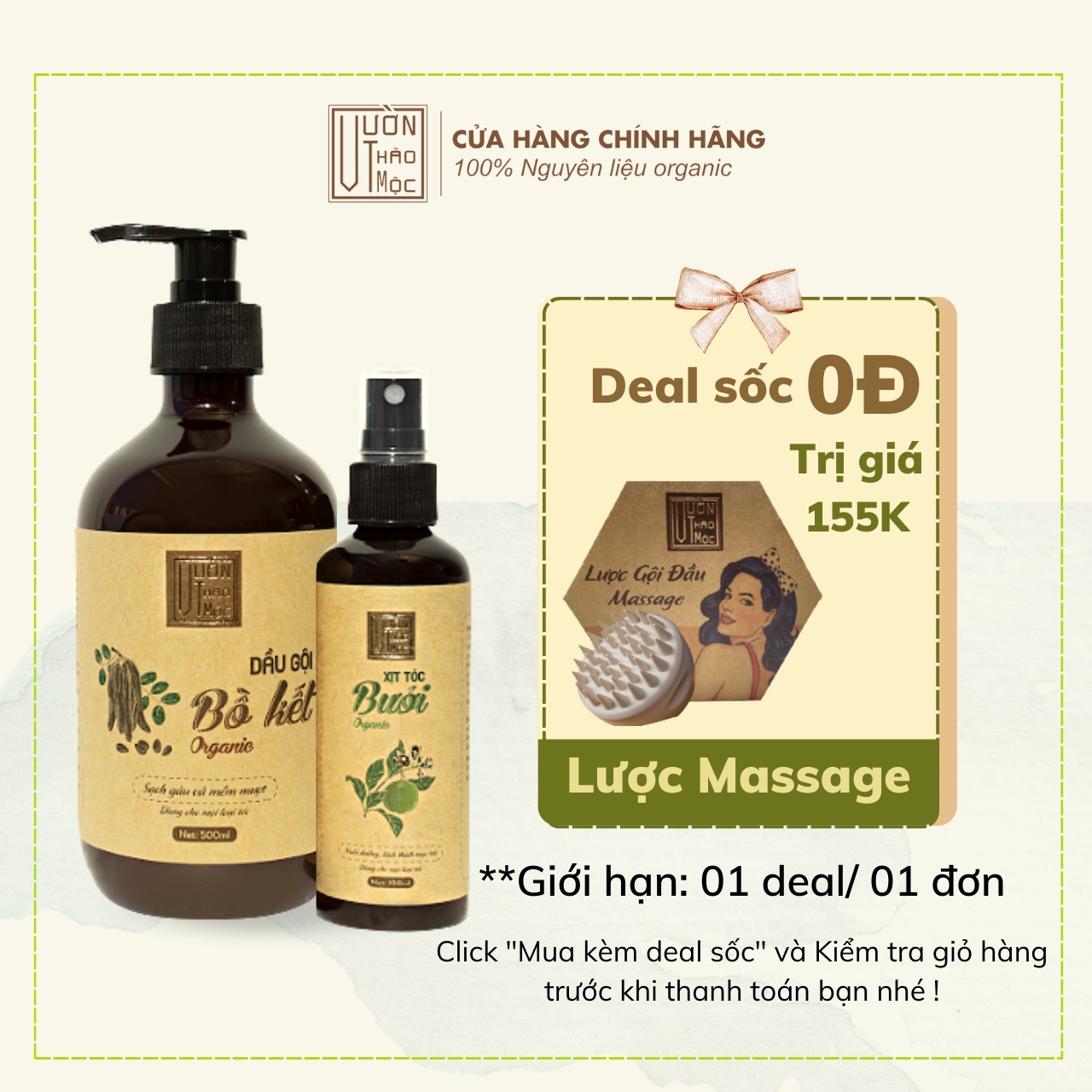 Combo Dầu Gội Bồ Kết 500ml Xịt Dưỡng Tóc Bưởi 100ml VƯỜN THẢO MỘC ORGANIC Chăm Sóc Phục Hồi Tóc Hư Tổn