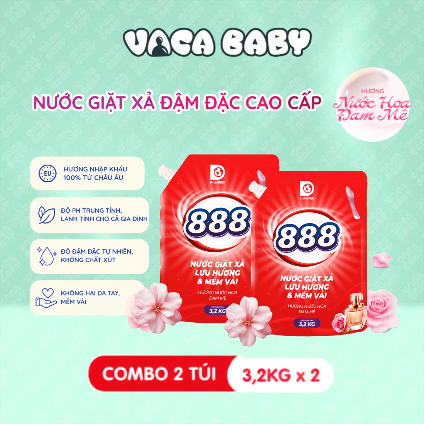 Combo 2 Túi Nước Giặt Xả 888 Hương Nước Hoa Đam Mê 3.2kg/Túi