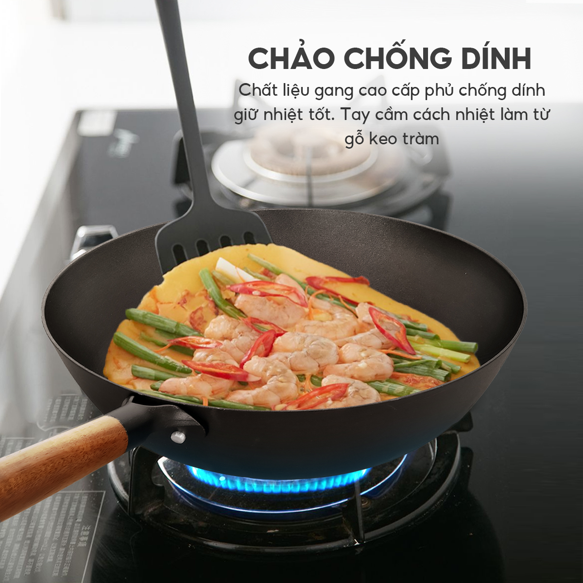 Chảo gang sâu lòng chống dính Lebenlang LBL2524, size 30cm, tay cầm gỗ dùng mọi loại bếp - hàng chính hãng