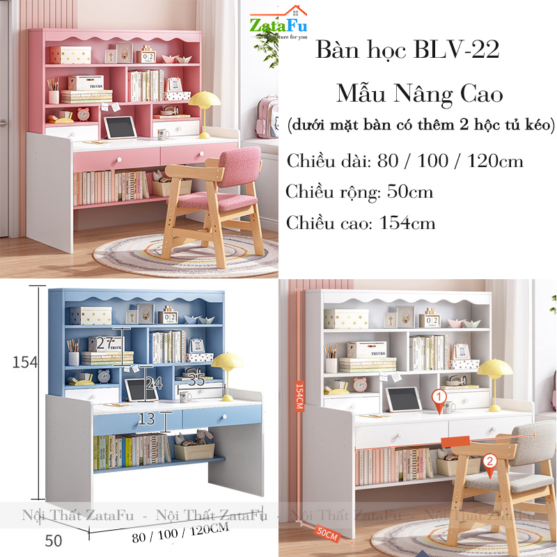 Bàn Học Cho Bé Trai Bé Gái Có Kệ Sách Ván MDF dày 17mm BLV-22 ZataFu