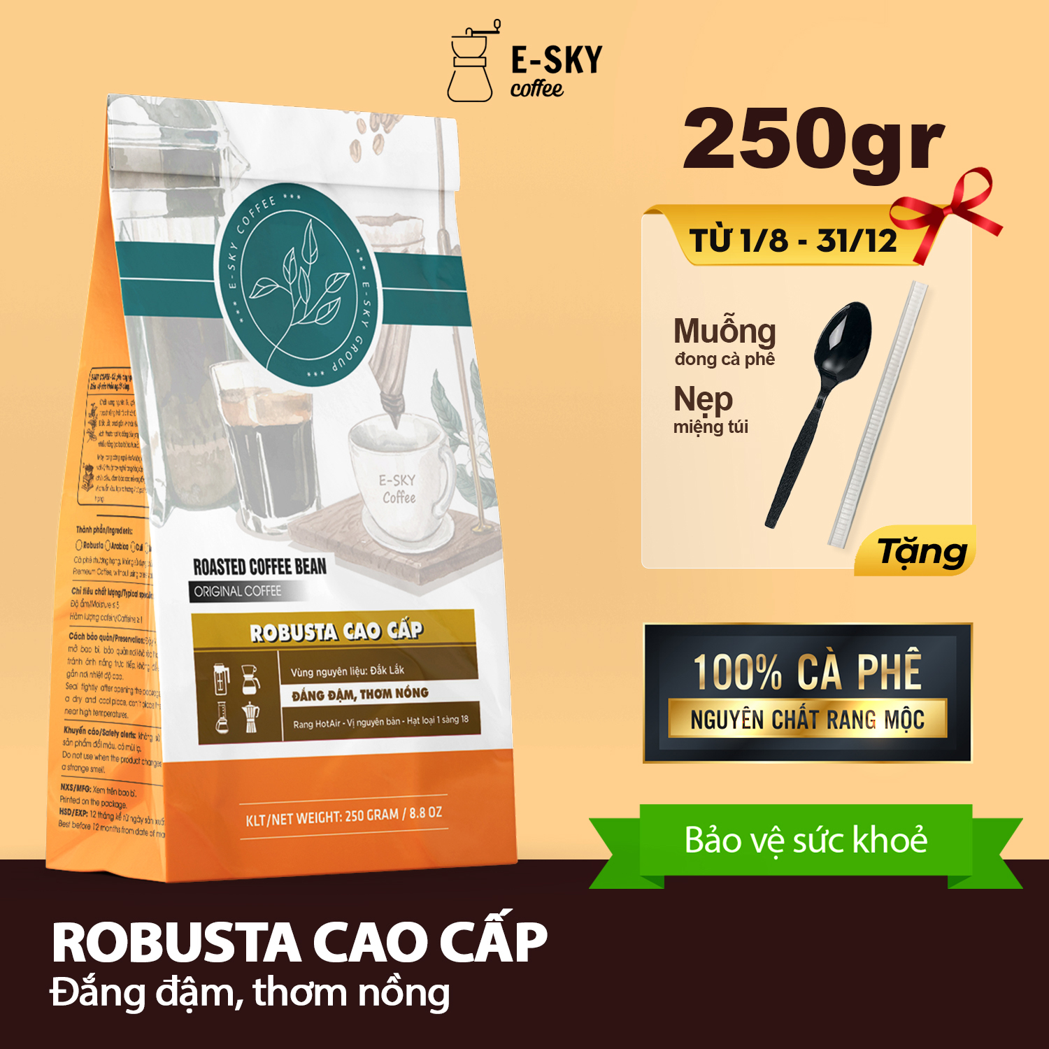 Cà Phê Rang Xay Nguyên Chất Robusta E-SKY Coffee  Pha Phin Pha Máy Cold Brew 250g-500g