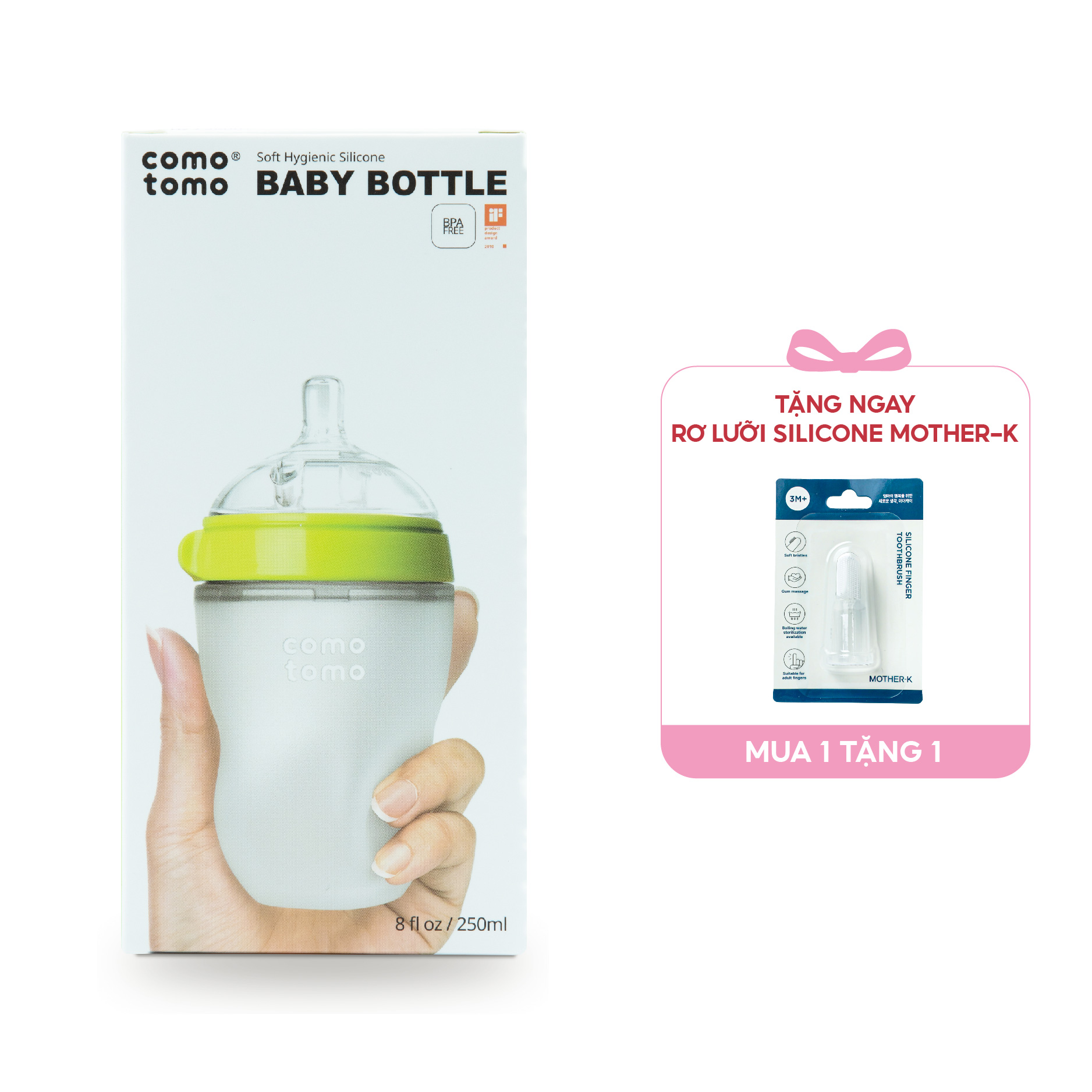 Bình sữa silicone Comotomo 250ml - Xanh Tặng Rơ lưỡi Silicone Mother-K Hàn Quốc