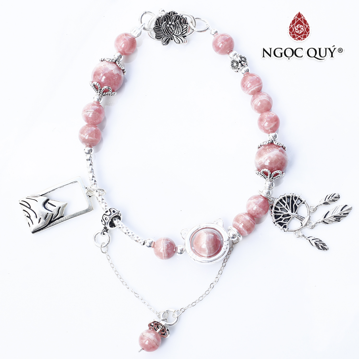 Vòng tay đá đào hoa rhodochrosite 8mm phối charm deamcatcher bạc 925 mệnh hỏa , thổ - Ngọc Quý