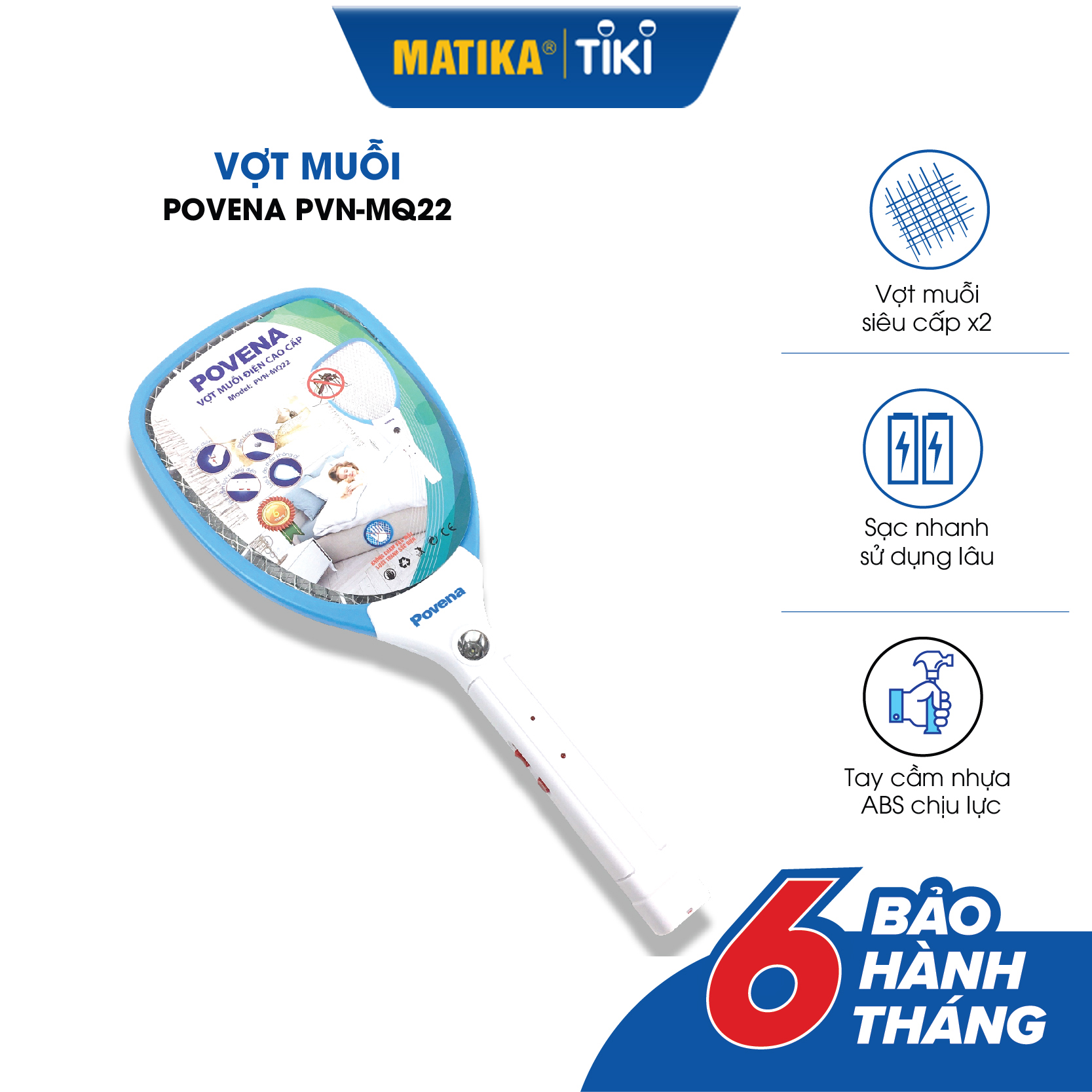 Vợt muỗi POVENA thiết kế tiện dụng màu xanh trắng dễ sử dụng PVN-MQ22 - Hàng chính hãng