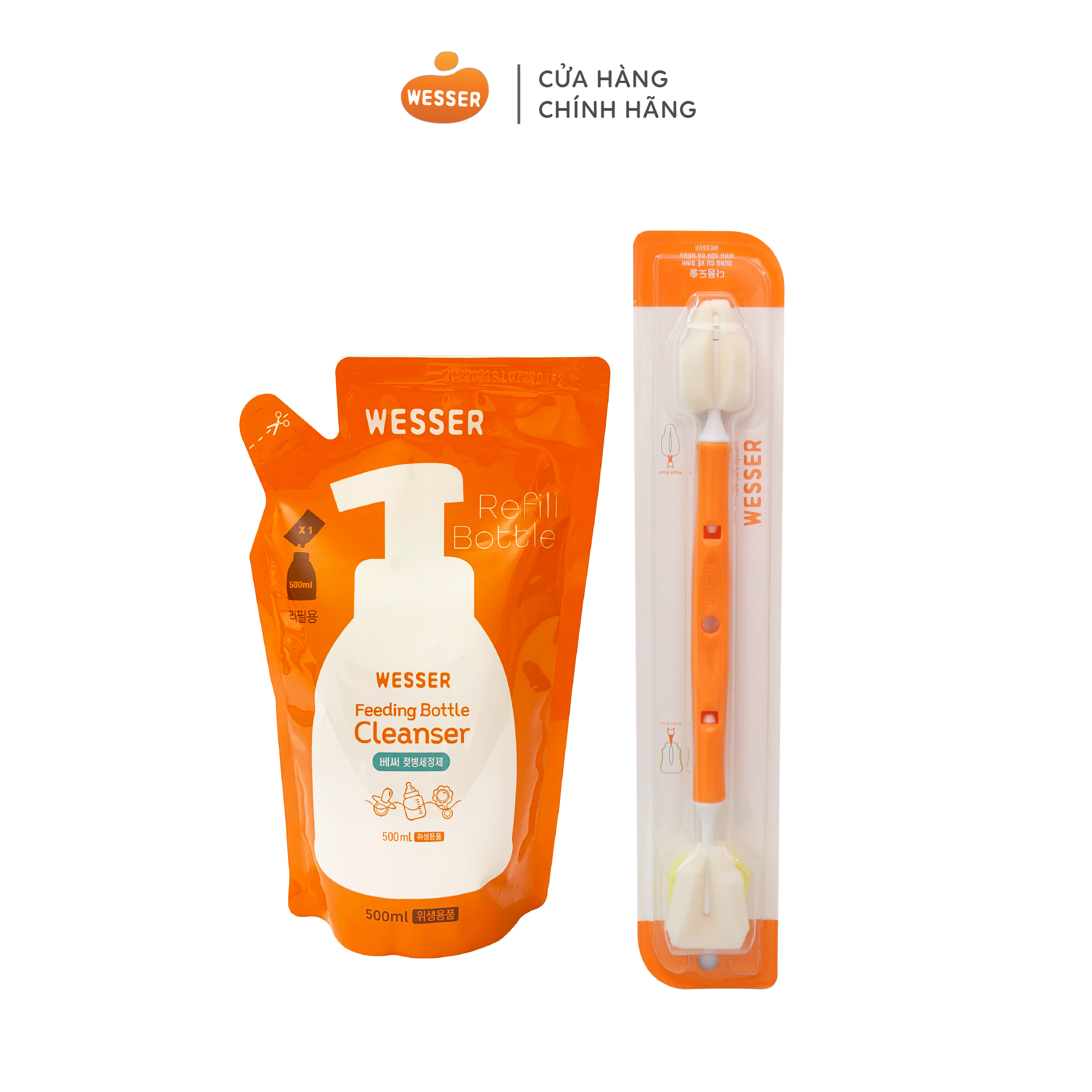 Combo nước rửa bình sữa gói + Dụng cụ vệ sinh bình sữa đa năng Wesser