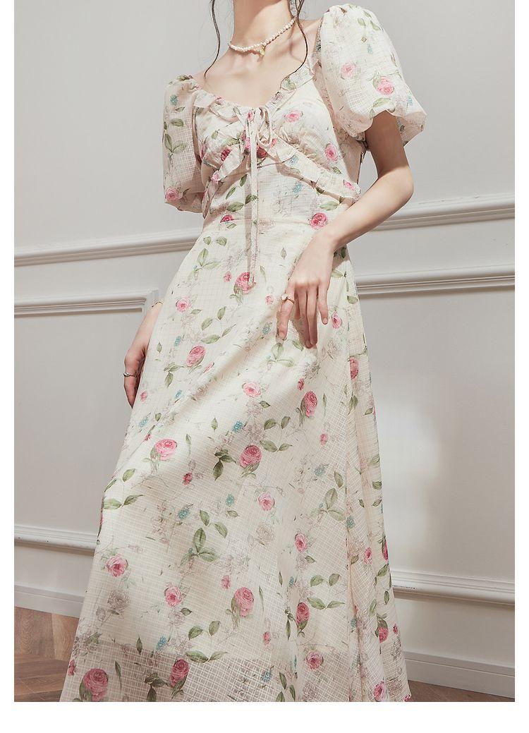 TOBE1SHOP Hiện tại giây phát trà nghỉ kiểu Pháp váy mùa hè khí chất nhỏ nhắn hoa v cổ siêu tiên tuyệt đẹp váy dài nữ