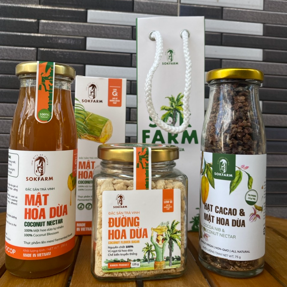 [COMBO SOKFARM] BỘ 4 SẢN PHẨM: MẬT HOA DỪA, ĐƯỜNG HOA DỪA, CA CAO MẬT HOA DỪA, GIẤM MẬT HOA DỪA DÀNH CHO GIA ĐÌNH, NGƯỜI ĂN KIÊNG, ĂN CHAY